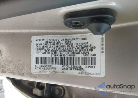 2003 Toyota Corolla Ce из США, поврежденный, VIN 2T1BR32E53C164539